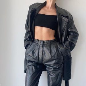 Sleek Black Leather Trench Coat